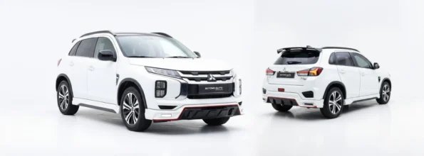 Modified Mitsubishi ASX with aftermarket body kit showing front bumper lip, integrated DRL lights, and side skirts