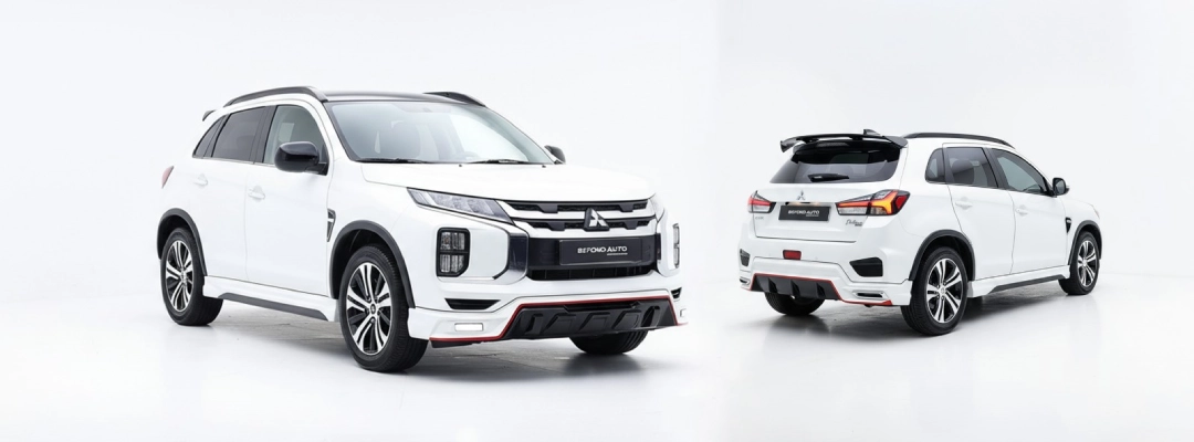 Modified Mitsubishi ASX with aftermarket body kit showing front bumper lip, integrated DRL lights, and side skirts